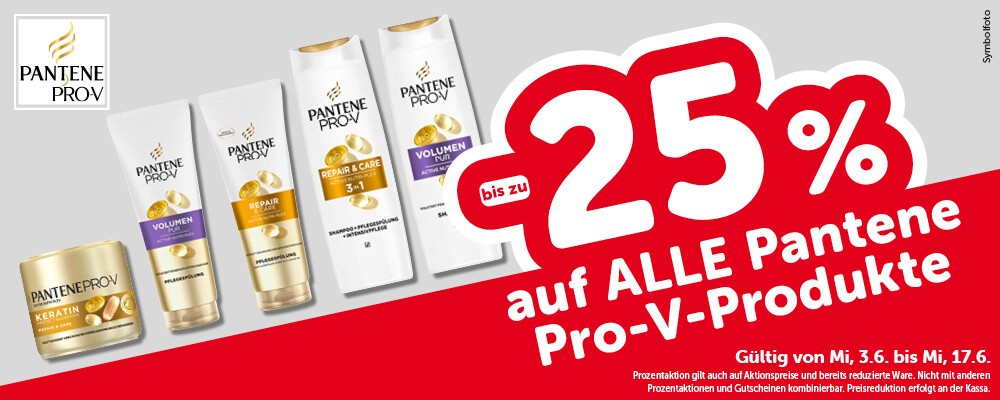 Bis zu -25% auf ALLE Pantene Pro-V-Produkte. Gültig von Mi, 3.6. bis Mi, 17.6.