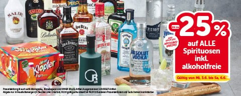 Bis zu -25% auf ALLE Spirituosen inkl. alkoholfreie. Gültig von Mi, 3.6. bis Sa, 6.6.