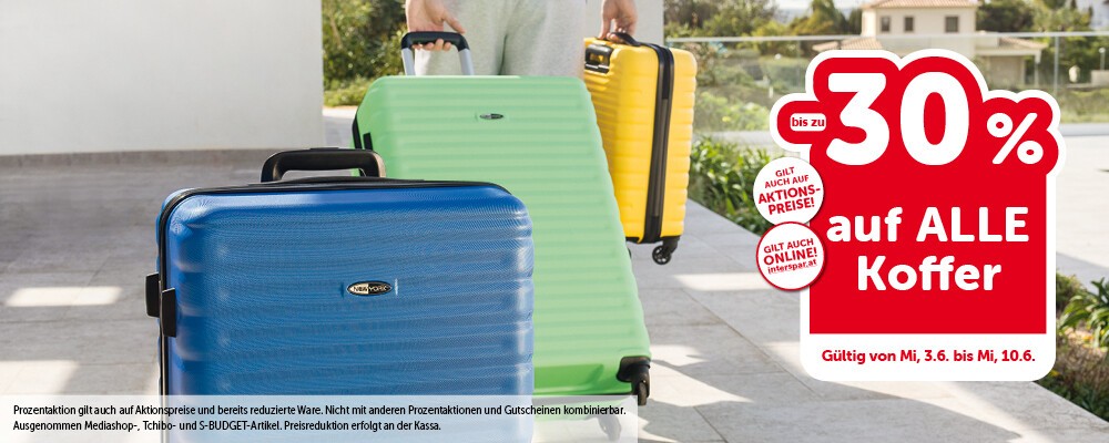 Bis zu -30% auf ALLE Koffer. Gültig von Mi, 3.6. bis Mi, 10.6.