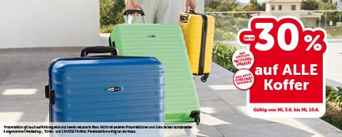 Bis zu -30% auf ALLE Koffer. Gültig von Mi, 3.6. bis Mi, 10.6.