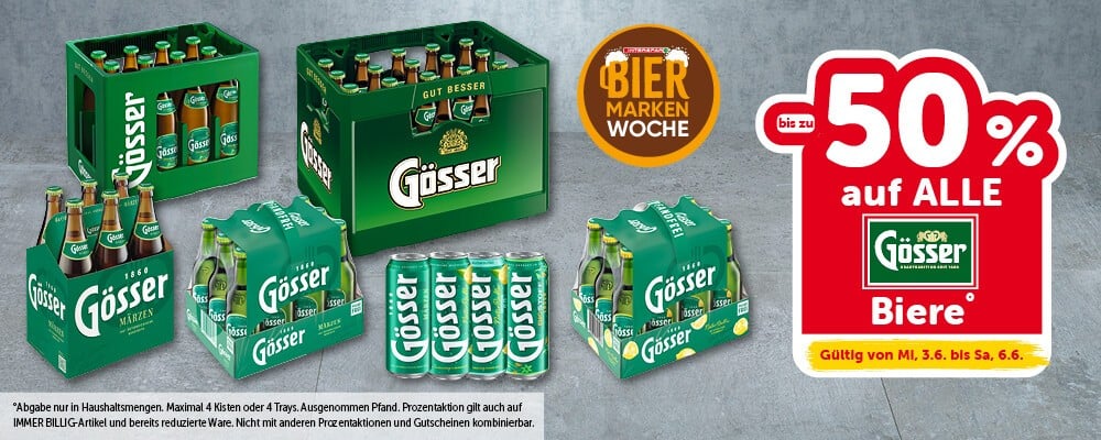 Bis zu -50% auf ALLE Gösser-Biere. Gültig von Mi, 3.6. bis Sa, 6.6.