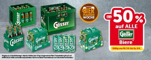 Bis zu -50% auf ALLE Gösser-Biere. Gültig von Mi, 3.6. bis Sa, 6.6.