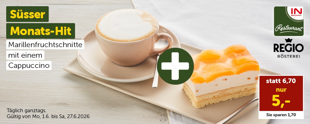 Süsser Monats-Hit: Marillenfruchtschnitte mit einem Cappuccino nur 5 € (statt 6,70 €). Gültig von Mo, 1.6. bis Sa, 27.6.