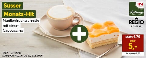 Süsser Monats-Hit: Marillenfruchtschnitte mit einem Cappuccino nur 5 € (statt 6,70 €). Gültig von Mo, 1.6. bis Sa, 27.6.