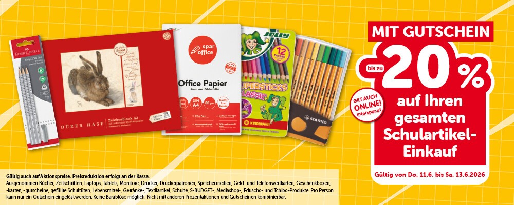 Mit Gutschein bis zu -20% auf Ihren GESAMTEN Schulartikel-Einkauf. Gültig von Do, 11.6. bis Sa, 13.6.