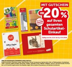 Mit Gutschein bis zu -20% auf Ihren GESAMTEN Schulartikel-Einkauf. Gültig von Do, 11.6. bis Sa, 13.6.