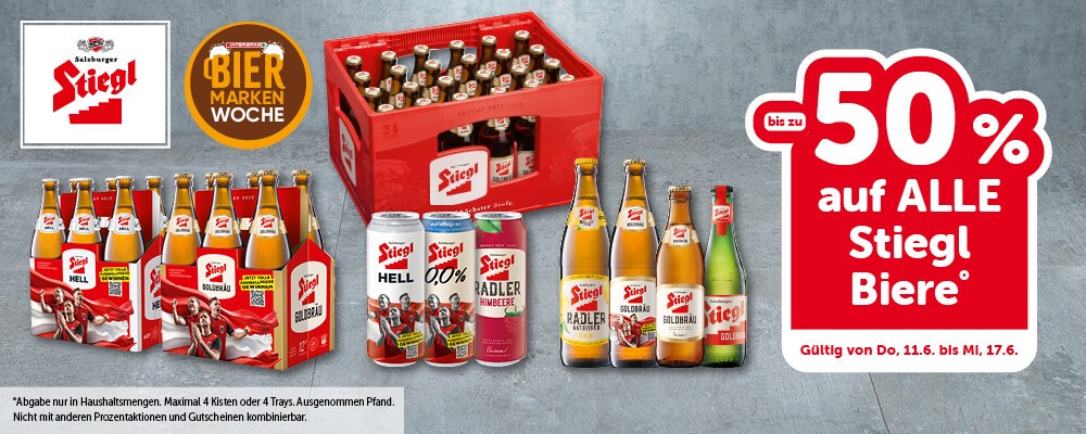 Bis zu -50% auf ALLE Stiegl-Biere. Gültig von Do, 11.6. bis Mi, 17.6.
