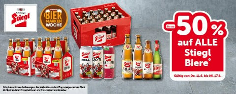 Bis zu -50% auf ALLE Stiegl-Biere. Gültig von Do, 11.6. bis Mi, 17.6.