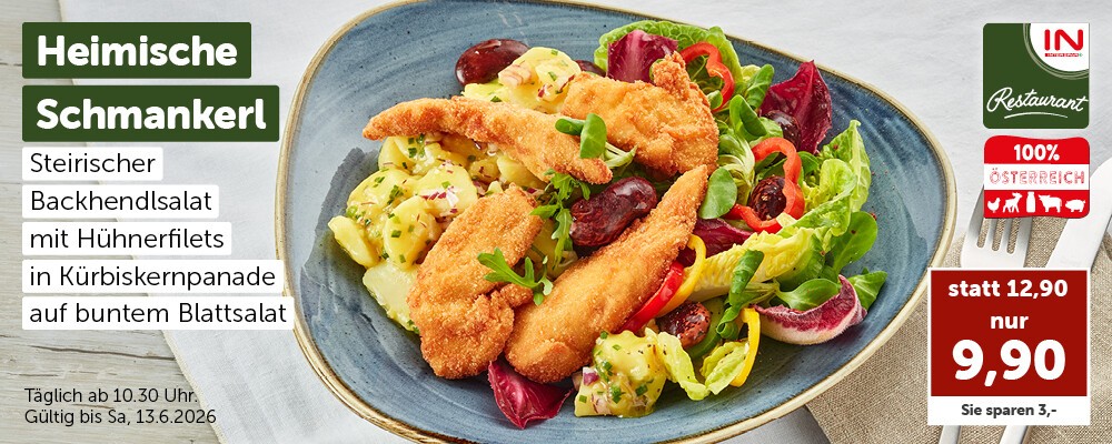 Heimische Schmankerl: Steirischer Backhendlsalat mit Hühnerfilets in Kürbiskernpanade auf buntem Blattsalat nur 9,90€ statt 12,90 € (Sie sparen 3 €). Täglich ab 10:30 Uhr. Gültig bis Sa, 13.6