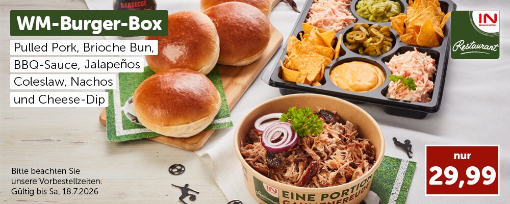 WM-Burger-Box: Pulled Pork, Brioche Bun, BBQ-Sauce, Jalapeños, Coleslaw, Nachos und Cheese-Dip nur 29,99 €. Gültig bis Sa, 18.7.
