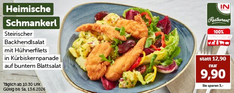 Heimische Schmankerl: Steirischer Backhendlsalat mit Hühnerfilets in Kürbiskernpanade auf buntem Blattsalat nur 9,90€ statt 12,90 € (Sie sparen 3 €). Täglich ab 10:30 Uhr. Gültig bis Sa, 13.6