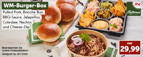 WM-Burger-Box: Pulled Pork, Brioche Bun, BBQ-Sauce, Jalapeños, Coleslaw, Nachos und Cheese-Dip nur 29,99 €. Gültig bis Sa, 18.7.