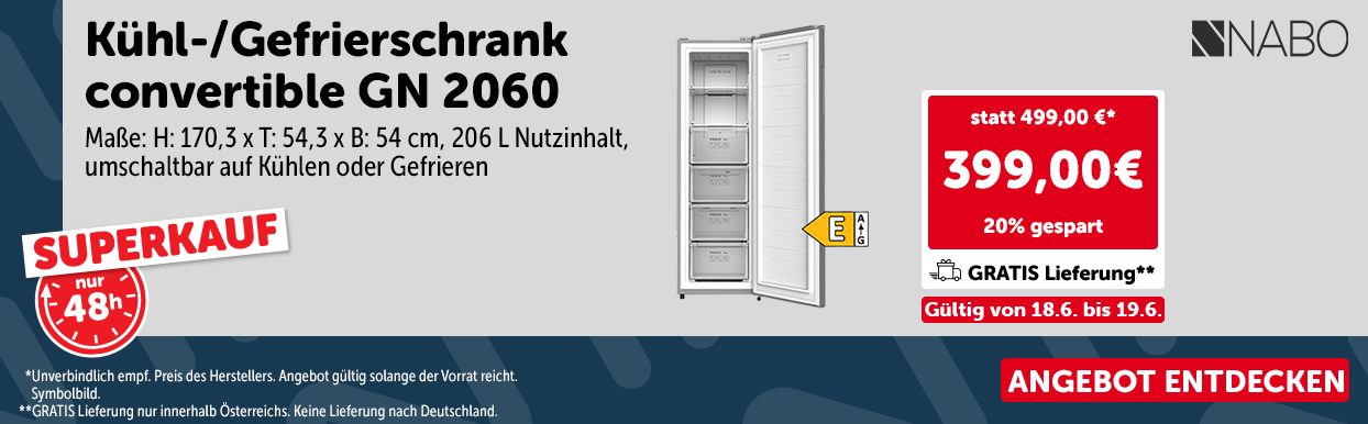 Superkauf: Kühl/Gefrierschrank convertible GN 2060, Maße: H: 170,3 x T: 54,3 x B: 54 cm, 206 Nutzinhalt, umschaltbar auf Kühlen oder Gefrieren, statt 499,00 € nur 399,90 €. Gültig von 18.6. bis 19.6.