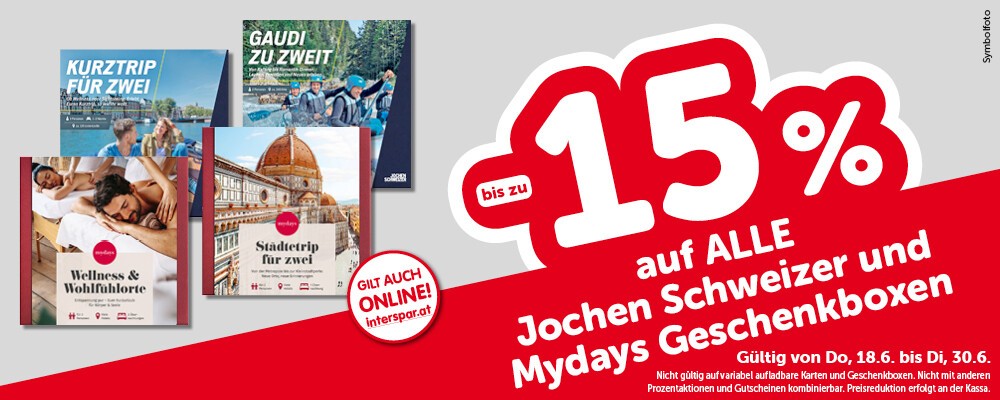 bis zu -25% auf alle Jochen Schweizer und Mydays Geschenkboxen. Gültig von Do, 18.6. bis Di, 30.6.