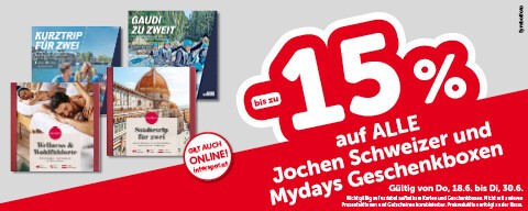 bis zu -25% auf alle Jochen Schweizer und Mydays Geschenkboxen. Gültig von Do, 18.6. bis Di, 30.6.