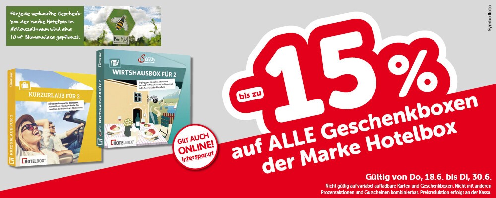 bis zu -25% auf alle Geschenkboxen der Marke Hotelbox. Gültig von Do, 18.6. bis Sa, 30.6.