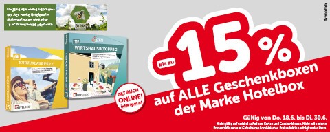 bis zu -25% auf alle Geschenkboxen der Marke Hotelbox. Gültig von Do, 18.6. bis Sa, 30.6.