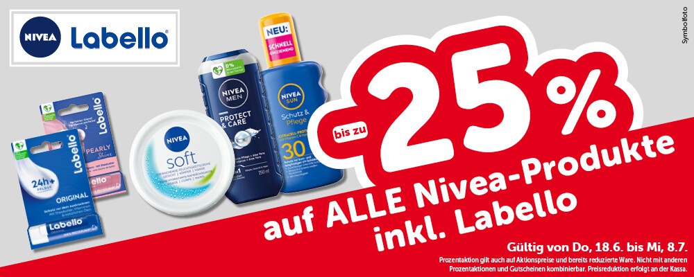 bis zu -25% auf alle Nivea-Produkte inkl. Labello. Gültig von Do, 18.6. bis Mi, 8.7.