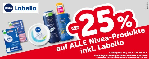 bis zu -25% auf alle Nivea-Produkte inkl. Labello. Gültig von Do, 18.6. bis Mi, 8.7.