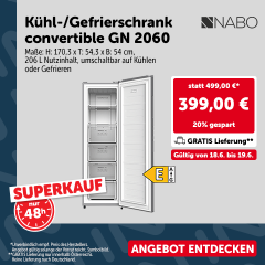 Superkauf: Kühl/Gefrierschrank convertible GN 2060, Maße: H: 170,3 x T: 54,3 x B: 54 cm, 206 Nutzinhalt, umschaltbar auf Kühlen oder Gefrieren, statt 499,00 € nur 399,90 €. Gültig von 18.6. bis 19.6.