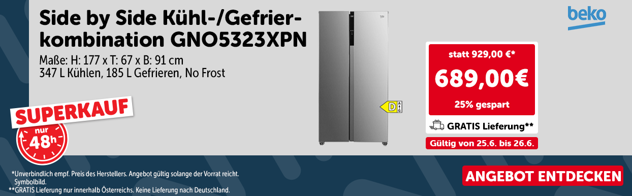 Superkauf: Side by Side Kühl-/Gefrier-kombination GNO5323XPN, Maße: H: 177 x T: 67 x B: 91 cm, 347 L Kühlen, 185 L Gefrieren, No Frost statt 929,00 € nur 689,00 €. Gültig von 25.06. bis 26.06.