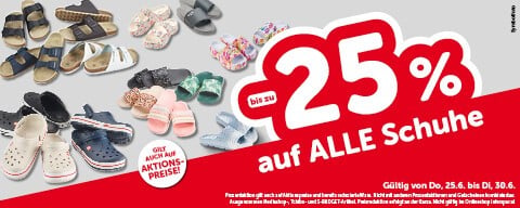 bis zu -25% auf alle Schuhe. Gültig von Do, 25.06. bis Di, 30.06.