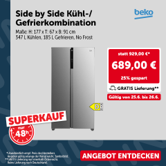 Superkauf: Side by Side Kühl-/Gefrier-kombination GNO5323XPN, Maße: H: 177 x T: 67 x B: 91 cm, 347 L Kühlen, 185 L Gefrieren, No Frost statt 929,00 € nur 689,00 €. Gültig von 25.06. bis 26.06.