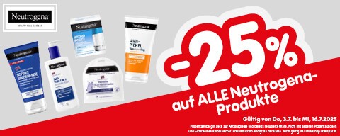 25% auf ALLE Neutrogena-Produkte. Gültig von Do, 3.7. bis Mi, 16.7.