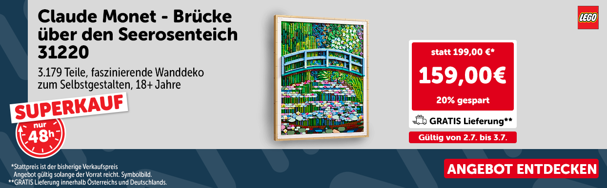 Superkauf: Claude Monet - Brücke über den Seerosenteich 31220: 3.179 Teile, faszinierende Wanddeko zum Selbstgestalten, 18+ Jahre, statt 199,00 € nur 159,00 €. Gültig von 2.7. bis 3.7.