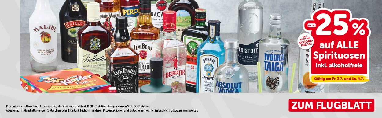 bis zu -25% auf alle Spirituosen inkl. alkohlfreie. Gültig am Fr, 3.7. und Sa, 4.7.
