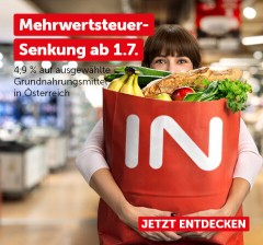 Mehrwertssteuersenkung ab 1.7.: 4,9 % auf ausgewählte Grundnahrungsmittel in Österreich. Jetzt informieren.