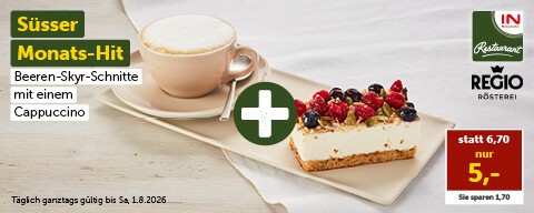 Süßer Monats-Hit: Beeren-Skyr-Schnitte mit einem Cappuccino statt 6,70 € nur 5,00 €. Gültig bis Sa, 1.8.2026