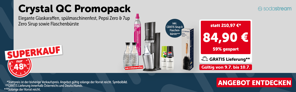 Superkauf: Crystal QC Promopack: Elegante Glaskaraffen, spülmaschinenfest, Pepsi Zero & 7up Zero Sirup sowie Flaschenbürste, statt 210,97 € nur 84,90 €. Gültg von 9.7. bis 10.7.