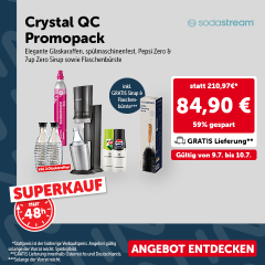 Superkauf: Crystal QC Promopack: Elegante Glaskaraffen, spülmaschinenfest, Pepsi Zero & 7up Zero Sirup sowie Flaschenbürste, statt 210,97 € nur 84,90 €. Gültg von 9.7. bis 10.7.