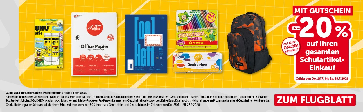 Bis zu -20% auf Ihren GESAMTEN Schulartikel-Einkauf. Gültig von Do, 16.7. bis Sa, 18.7.