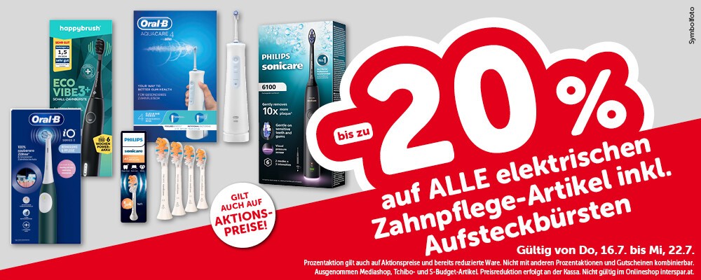 Bis zu -20% auf ALLE elektrischen Zahnpflege-Artikel inkl. Aufsteckbürsten. Gültig von Do, 16.7. bis Mi, 22.7.