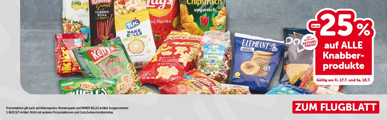 Bis zu -25% auf ALLE Knabberprodukte. Gültig am Fr, 17.7. und Sa, 18.7.