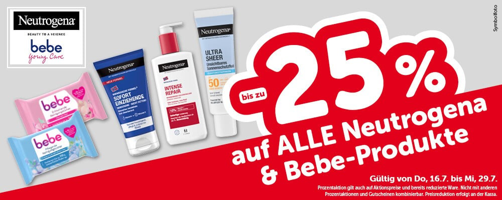 Bis zu -25% auf ALLE Netrogena & Bebe-Produkte. Gültig von Do, 16.7. bis Mi, 29.7.