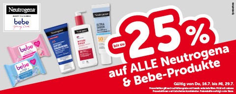 Bis zu -25% auf ALLE Netrogena & Bebe-Produkte. Gültig von Do, 16.7. bis Mi, 29.7.