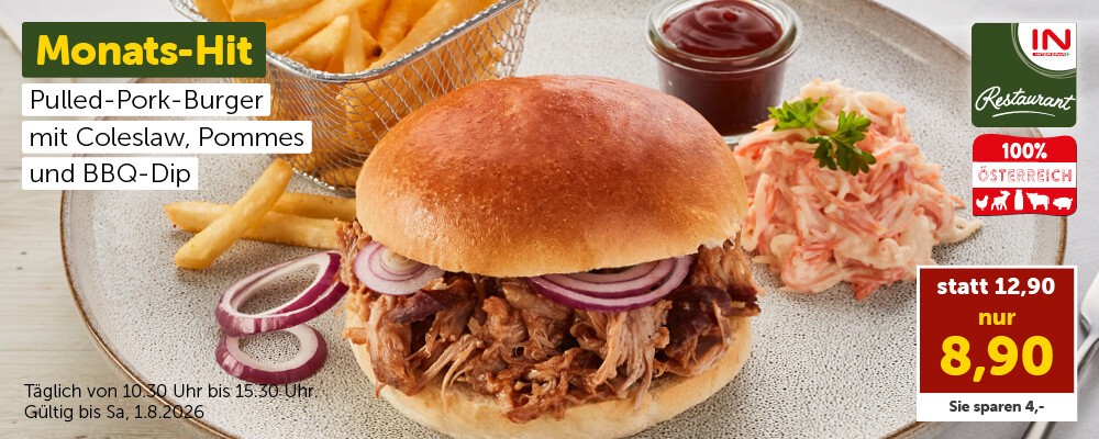 Monats-Hit: Pulled-Pork-Burger mit Coleslaw, Pommes und BBQ-Dip nur 8.90 € statt 12,90 € Täglich ab 10:30 Uhr. Gültig bis Sa, 1.8.