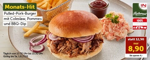 Monats-Hit: Pulled-Pork-Burger mit Coleslaw, Pommes und BBQ-Dip nur 8.90 € statt 12,90 € Täglich ab 10:30 Uhr. Gültig bis Sa, 1.8.