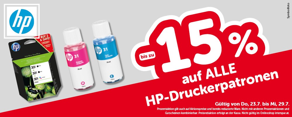 bis zu -15% auf alle HP-Druckerpatronen. Gültig von Do, 23.7. bis Mi, 29.7.