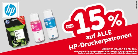 bis zu -15% auf alle HP-Druckerpatronen. Gültig von Do, 23.7. bis Mi, 29.7.