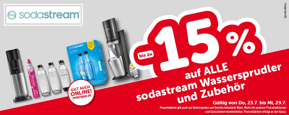 bis zu -15% auf alle sodastream Wassersprudler und Zubehör. Gültig von Do, 23.7. bis Mi, 29.7.