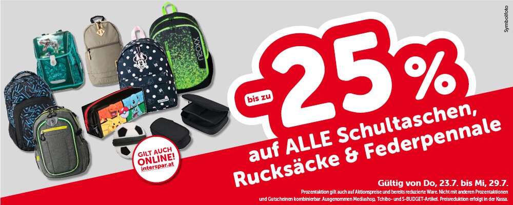 bis zu -25% auf alle Schultaschen, Rucksäcke & Federpenale.. Gültig von Do, 23.7. bis Mi, 29.7.