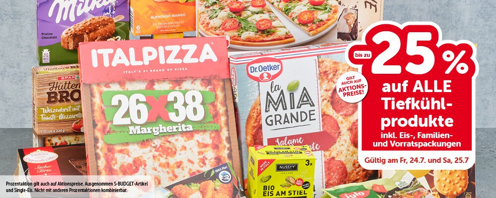 bis zu -25% auf alle Tiefkühlprodukte inkl. Eis-, Familien- udn Vorratspackungen. Gültig am Fr, 24.7. und Sa, 25.7.