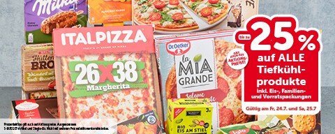 bis zu -25% auf alle Tiefkühlprodukte inkl. Eis-, Familien- udn Vorratspackungen. Gültig am Fr, 24.7. und Sa, 25.7.