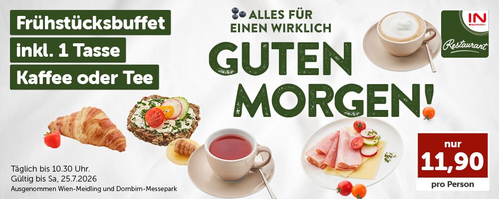 Frühstücksbuffet inkl. 1 Tasse Kaffee oder Tee nur 11,90 € pro Person. Täglich bis 10:30 Uhr. Gültig bis Sa, 25.7.2026. (Ausgenommen Wien-Meidling und Dornbirn-Messepark)