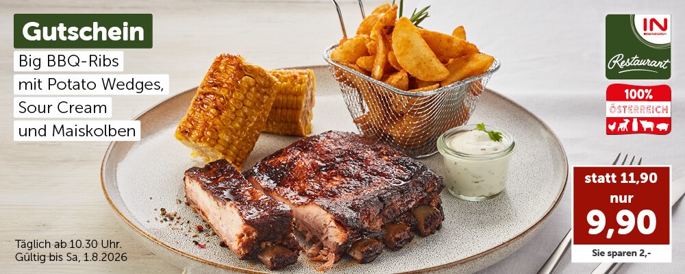 Gutschein: Big BBQ-Ribs mit Potato Wedges, Sour Cream und Maiskolben, statt 11,90 € nur 9,90 €, Täglich ab 10:30 Uhr. Gültig bis Sa, 1.8.2026