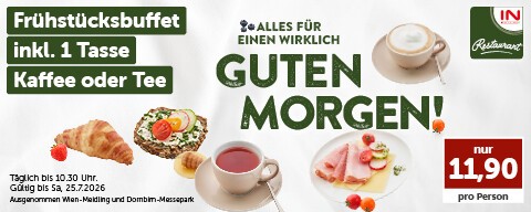 Frühstücksbuffet inkl. 1 Tasse Kaffee oder Tee nur 11,90 € pro Person. Täglich bis 10:30 Uhr. Gültig bis Sa, 25.7.2026. (Ausgenommen Wien-Meidling und Dornbirn-Messepark)